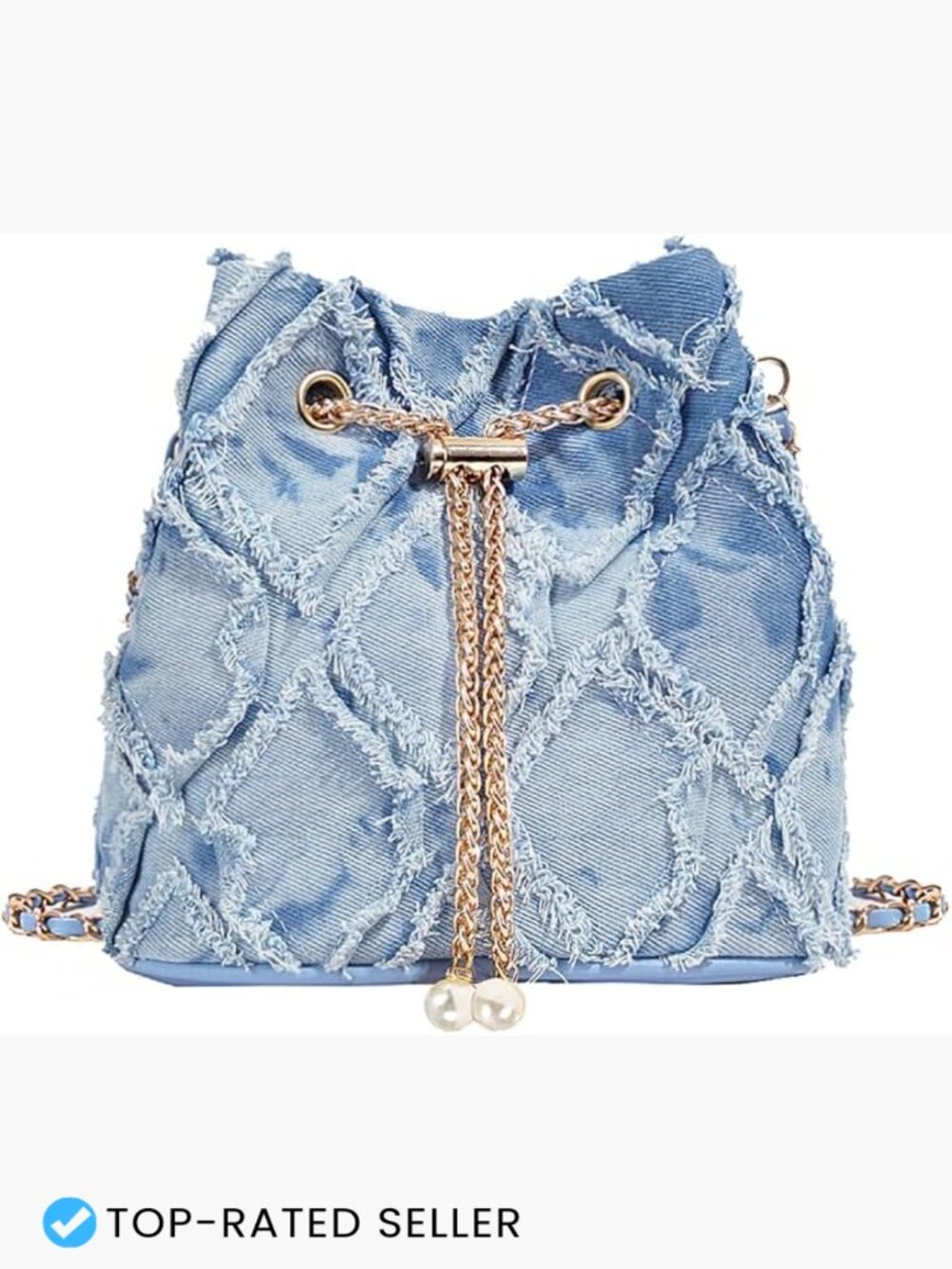 Denim Bucket Bag Quilted Drawstring Crossbody Shoulder Hobo Handbag with Chain
